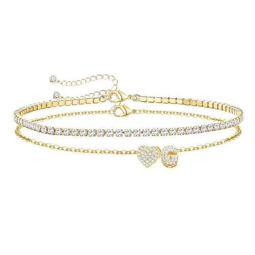 Image of Gold Initial Ankle Bracelets for Women 14K Gold Plated CZ heart Tennis Anklets for Women Waterproof Adjustable Initial Anklets Large Ankle Summer Beach Foot Jewelry