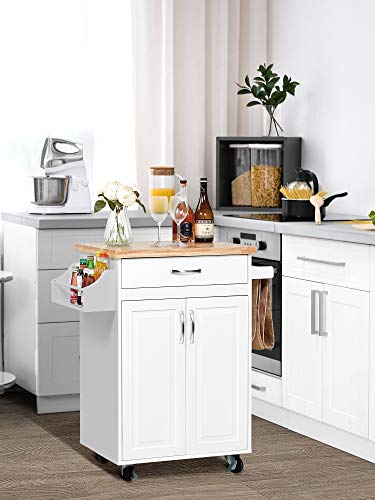 Kealive Kitchen Island on Wheels, Rolling Kitchen Cart with Spice Rack Towel Rack, with Large Drawer and Storage Cabinet, Solid Rubber Wood Top, White, 31.5L x 18.9W x35.4H
