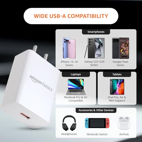 Image of Amazon Basics 18W Quick Charge 3.0 Wall Charger | USB Port | BIS Certified | Fast Mobile Charger for Android, TWS, Headphones & Power Banks, White