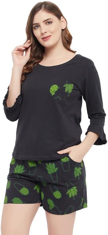Clovia Ladies Cotton Cactus Print Set with Shorts in Black image 2