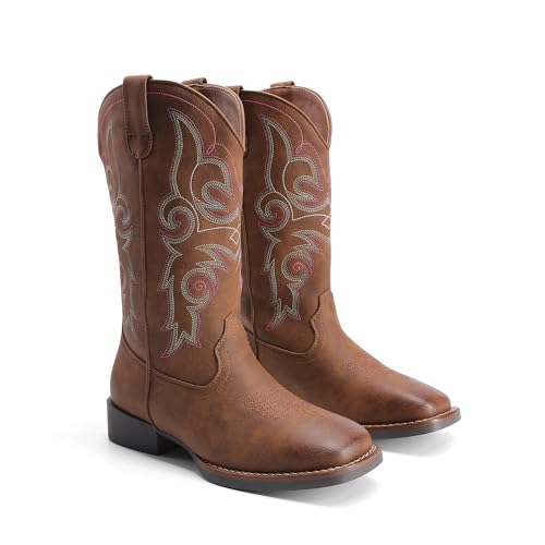 DREAM PAIRS Women's Cowboy Cowgirl Boots Embroidered Square Toe Mid Calf Western Boots Fashion Dress Chunky Low Heel Shoes for Theme Party Country Concert4