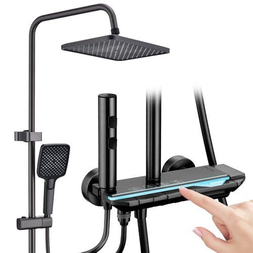 HOMELODY Duscharmatur Komplettset mit Glasablage - Regendusche mit Armatur und 30cm, Duscharmatur mit Klavierknopf, 4 Strahlarten und 3-Funktions-Handbrause, Duschgarnitur mit Regendusche Grau