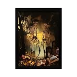 ArtbyHannah Lighted Halloween Wall Decor, Spooky Skeleton Wall Art with Gothic Haunted Mansion & Dark Academia Pictures for Kitchen Mantel Entryway Indoor Decorations (12×16 Inch)