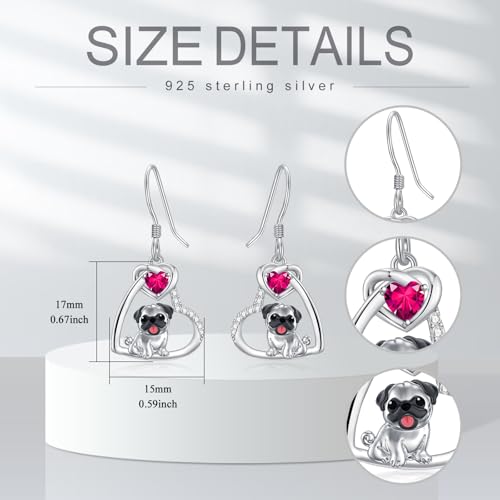 Pug Earrings with Heart Birthstone 925 Sterling Silver Dog Earrings Pug Jewelry Gifts for Women Lover2