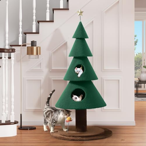 YITAHOME 60 in Christmas Cat Tree for Indoor Cats, Tall Cat Tower Furniture with 2 Large Condos, 5ft Christmas Tree Party Decoration with Cat House and Beds by YITAHOME - Used condition - US$25.60