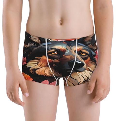 Boys' Cotton Boxer Brief Soft Underwear-Colorful Flower German Shepherd
