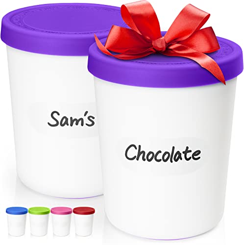 SUMO Ice Cream Containers for Homemade Ice Cream - 1 Quart Each, Erasable Labels, Reusable Pint Storage Tubs with Lids (2 Containers, Purple)