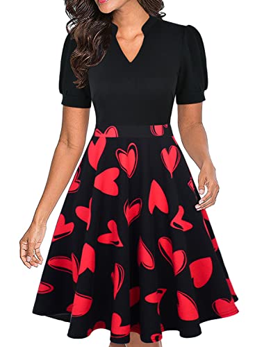 Valentines Dress for Women Short Puff Sleeve Summer Vintage Knee Length Modest Teacher Business Professional Work Dresses XL