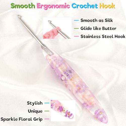 Image of Katech 3.5mm Crochet Hook for Arthritic Hands,Hand-Polished Stainless Steel | Ergonomic Crochet Hooks with Customized Sparkle Dried Floral Grip, Smooth Tapered Hook-Crochet Gift for Beginner & Crocheter