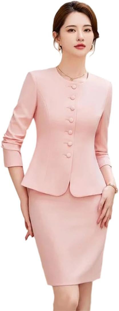 Women's 2 Piece Set O-Neck Long Sleeve Blazer with Skirt Elegant Office Lady Outfit Suits
