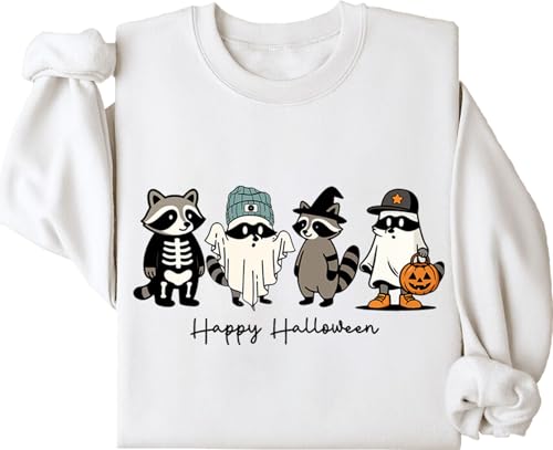 Cute Raccoon Ghost Sweatshirt Happy Halloween Sweatshirt Halloween Casual Pullover Hoodie Long Sleeve