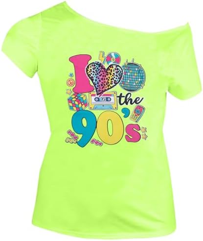SFHFY 90s Outfit for Women 90's Theme Party Disco Shirt Vintage Neon Off Shoulder Tops Retro 90s Disco Top