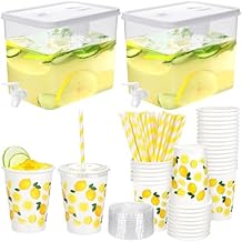 Kochorie 2 Pack 2.3 Gallon Lemonade Dispenser Plastic Drink Dispenser with Spigot 50 Pcs 12 OZ Disposable Paper Cup with Lid and Straw Lemonade Stand Supplies for Beverage Tea Juice Fruit Party Drinks