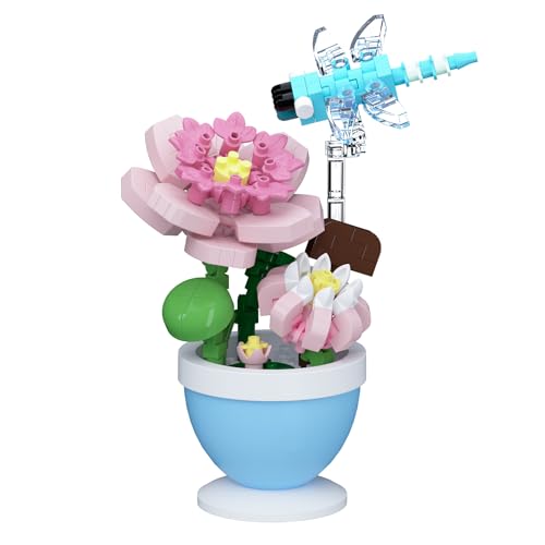 Sacblirr Mini Flower Bonsai with Cute Insects Lotus Dragonfly - DIY Potted Plant Building Blocks for Kids and Adults, Botanical Collection Decor Toy