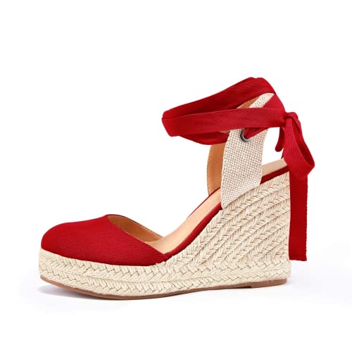 Image of Nailyhome Women's Espadrille Wedge Sandals Closed Toe Lace Up Platform Ankle Wrap Summer Casual Shoes