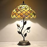 AVIVADIRECT Tiffany Lamp Fish Scales Style Stained Glass Table Lamp Desk Bedside Reading Light 12X12X19 Inches with Metal Leaf Base Decor Bedroom Living Room