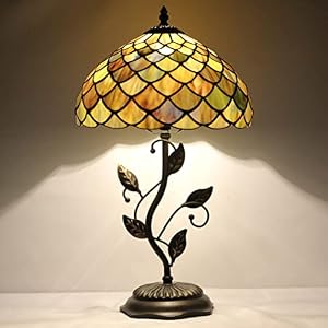 AVIVADIRECT Tiffany Table Lamp Stained Glass Desk Light with Metal Leaf Base W12H19 Inch – Fish Scales Style