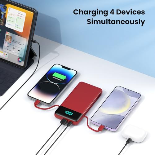 Image of Portable Charger for iPhone,13800mAh Slim Power Bank with Built-in Cables & AC Wall Plug,All in One 4 Outputs USB C Fast Charging Battery Pack Travel Essential for iPhone 17 /16 /15 /14,Android (Red)