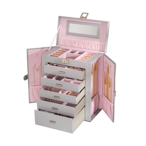 FEIYAN Large Jewelry Box,5-Tier PU Leather Jewelry Organizer with Lock,Multi-functional Storage Case with Mirror,Jewelry Organizer for Bracelets, Earrings, Rings, Necklaces, Mothers Day (GRAY)