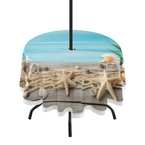 Wajiw 60 Inch Indoor Outdoor Round Tablecloth with Umbrella Hole and Zipper Waterproof Patio Table Cover for Camping Dining Room Party Outdoor Picnic,Starfis