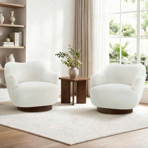 Image of KISLOT Swivel Accent Chair Set of 2,Upholstered Barrel Chair with Curves Camel Back Design,Modern Arm Chair with Wooden Base for Living Room Bedroom Reading Waitingroom,Cream White