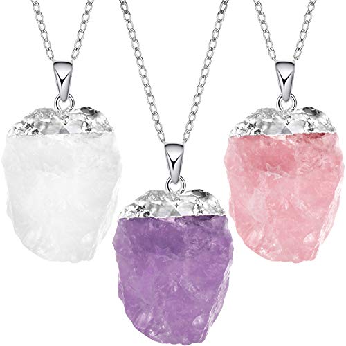 Hicarer 3 Pieces Irregular Natural Amethyst Pendant Necklace Clear Quartz Rose Quartz Reiki Healing Crystal Gemstone Pendant Necklace