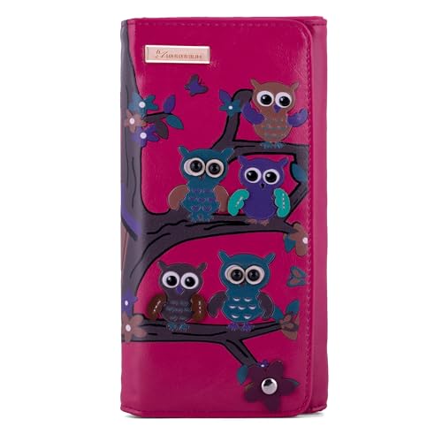 kukubird Owl Family Tree Large Wallet PU Leather Bifold Card Holder with Zipper Coin Pocket Purse-Fuchsia
