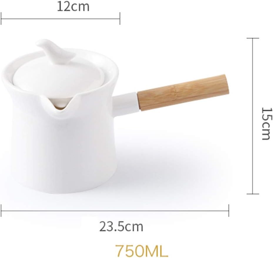 Ceramic Milk Warmer Pot with Lid, Long Wooden Handle, Home Coffee Frying Pan, Solid Baby Food, Soup