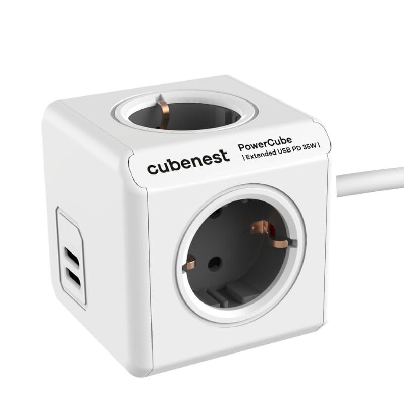 Cubenest Power Cube - Enchufe de pared extendido USB PD 35 W con 2 conectores USB-C, cable de 1,5 m, Schuko tipo F, función de carga rápida para DE/at/NL/SWE/FI/ESP/PT/HR/SI/HU (gris)