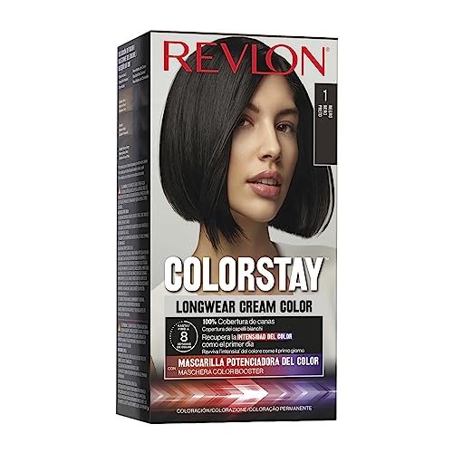Revlon Colorstay Tinte Pelo Mujer, Coloración Permanente de larga duración, Incluye mascarilla potenciadora del color, Hasta 8 semanas de color, Tono 1 Negro