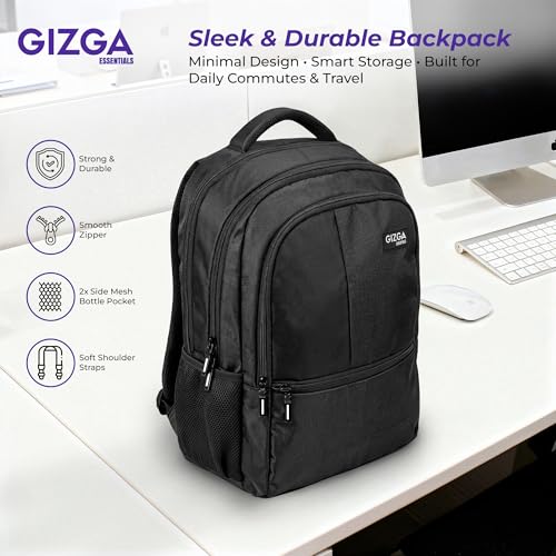 Image of Gizga Essentials 28L Laptop Backpack for Men & Women For Upto 17 inch Laptops| Water-Resistant, Spacious Multi-Compartment with Front Organizer & Bottle Holder| Durable Bag for Travel College Office-Black