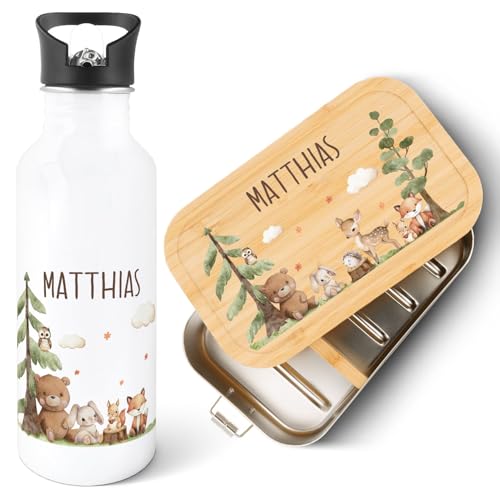 GRAVURZEILE - Bedruckte Trinkflasche & Brotdose Set - Waldfreunde - Personalisiert mit Namen - Edelstahl Trinkflasche 600 ml Brotdose mit Deckel - Geschenk zur Einschulung für Jungen & Mädchen