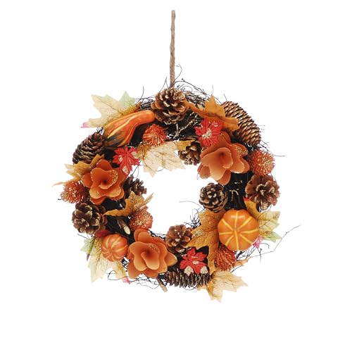 Festive Productions 30cm Autumn Wreath with Orange Flowers, Pumpkins, Leaves & Pinecones â€“ Seasonal Door Decoration for Autumn & Halloween