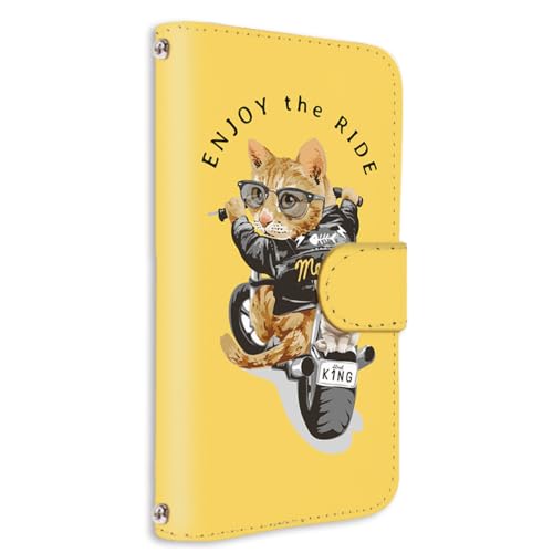 FFANY AQUOS wish4 用 SH-52E・A403SH 対応 手帳型 カードスロット スマホケース アクオスwish4のケース 猫ライダー キャット バイク パロディ イエロー スタンド カード収納 210721c