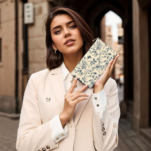 Leather Thin Slim Wallets for Women Men - Fashion Ink Blue Butterfly Flower Print Card Wallet Holder with Zipper 6