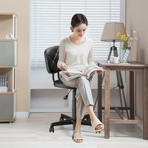 Image of KLASIKA PU Leather Rolling Stool with Back and Wheels, Adjustable Diamond Upholstered Drafting Stool, Multi-Purpose Desk Chair for Home Office Bar Kitchen Shop, Black (1PK)