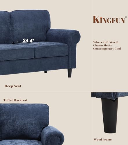 Image of Kingfun Loveseat 2 Seater Couch, Mid Century Modern Chenille Sofa with Rolled Arms and Deep Seats, Fluffy Comfort for Living Room, Apartment, Easy Assembly, Blue