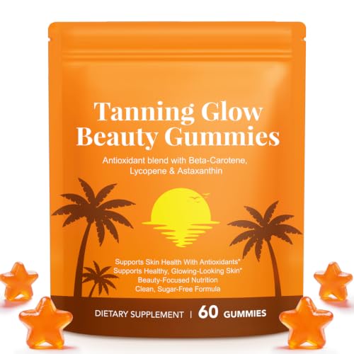 Tanning Gummies Tanning Supplement with Beta-Carotene Astaxanthin Lycopene & Vitamins Supports Skin Radiance & Hydration Sugar Free & Gluten Free 60 Count