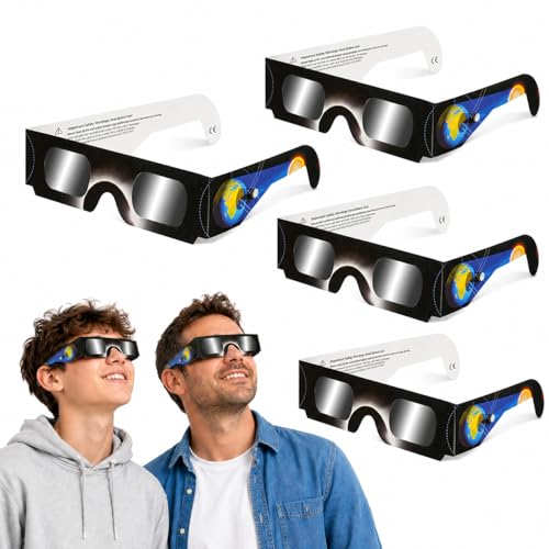 QIWEI Gafas Eclipse Solar Homologadas (Pack de 4) - Certificadas ISO 12312-2, Gafas para Ver Eclipse Solar para Adultos y Niños, Filtros Solares de Alta Definición, Protección UV, Eclipse Agosto 2026