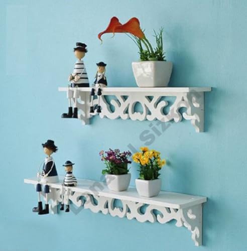 Image of Beautiful Wooden Shabby Chic Style Floating Wall Shelves | Bookshelf | Wall Mounted Decorative Display Shelf |Wall Brackets for Living Room (Set of 2 (White))