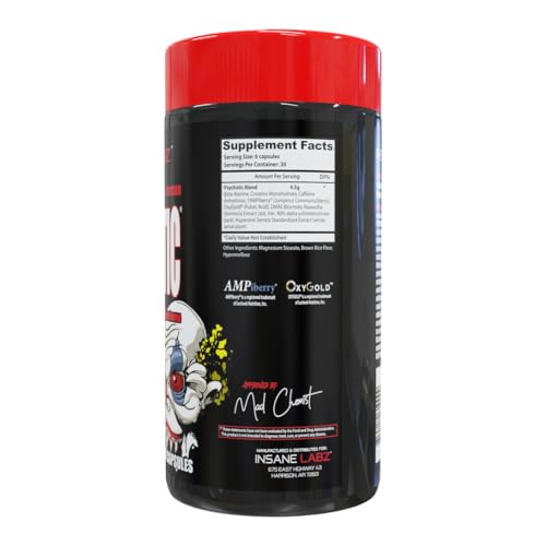 Image of Insane Labz Psychotic, High Stimulant Pre Workout Capsules, Extreme Lasting Energy, Focus and Endurance with Beta Alanine, Creatine Monohydrate, DMAE, 30 Srvgs, Unflavored