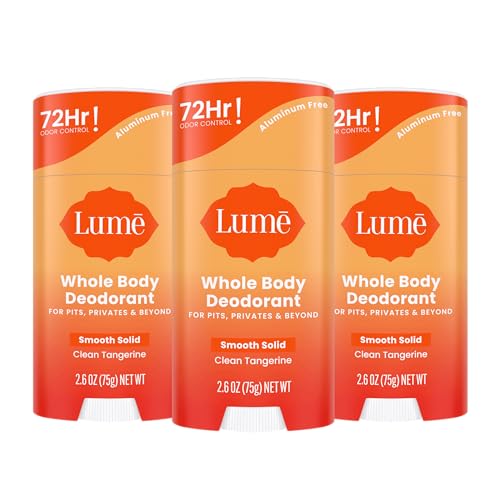 Lume Whole Body Deodorant - Smooth Solid Stick - 72 Hour Odor Control - Aluminum Free, Baking Soda Free and Skin Loving - 2.6 Ounce (Pack of 3) (Clean Tangerine)