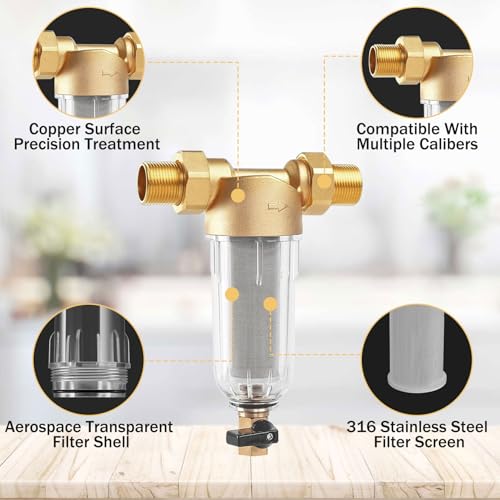 Forhandy Wasserfilter Wiederverwendbare Filterkombination 1“&G3/4”MNPT+G3/4” Vorfilter Sedimentfilter Feinfilter Ausspülbarer Feinfilter mit Adapter Spin-down-Sedimentwasserfilter
