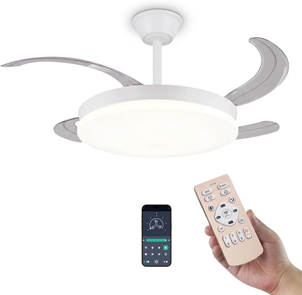 FAN PROJECT Ventilador de Techo Blanco Silencioso con LED - Ventiladores Retractil con Tonos de Luz y Función Verano e Invierno con APP - 30 W Motor DC con 4 Aspas (1) - 1
