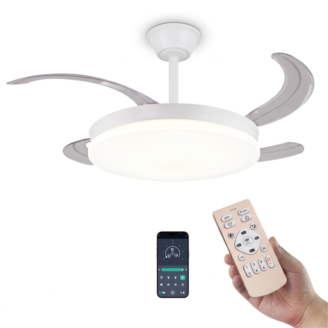 FAN PROJECT Ventilador de Techo Blanco Silencioso con LED - Ventiladores Retractil con Tonos de Luz y Función Verano e Invierno con APP - 30 W Motor DC con 4 Aspas (1) - 1