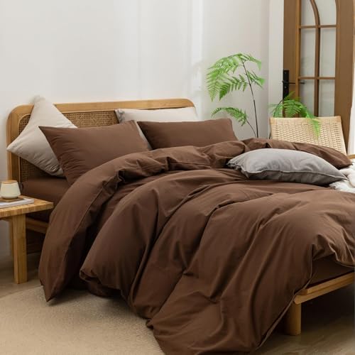 Image of BESTOUCH Cotton Solid Duvet Cover Set Linen Feel Cocoa Brown Alaska King | 100% Washed Cotton, Soft Wrinkle Texture, Hidden Zipper, 8 Ties, Breathable Lightweight Durable Comfy, 3 Pcs No Insert