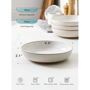 LE TAUCI Pasta Bowls 46oz Large Salad Bowl Ceramic Serving Plate House warming Wedding Present Embossment Stoneware Bowl for Fruits Noodle Dinner 9 Inch Set of 4 Arctic White