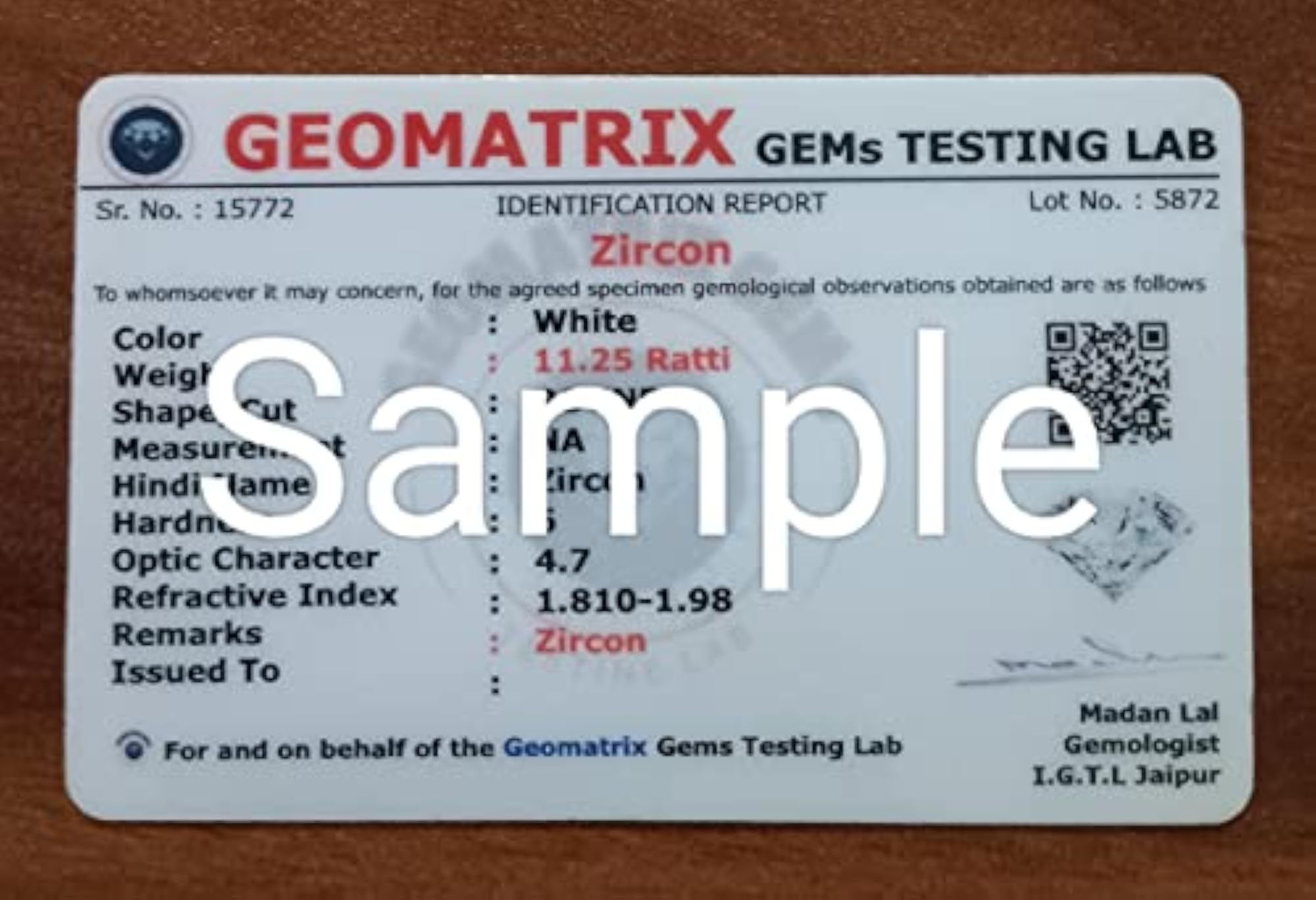Natural Zircon Gemstone Lab Certified