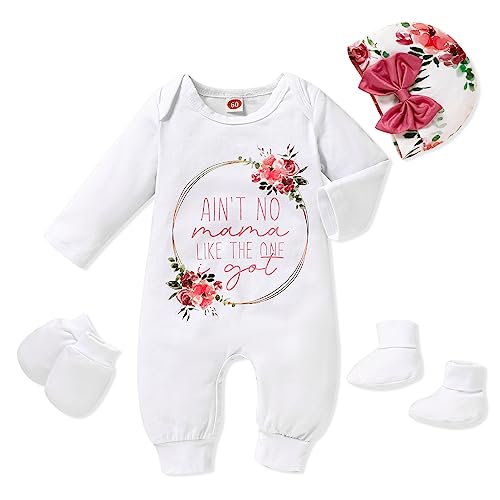 Image of Sinhoon Newborn Baby Girl Romper Infant Letter Print Bodysuit Jumpsuit+Hat+Gloves+Socks 4Pcs Coming Home Clothes Outfit