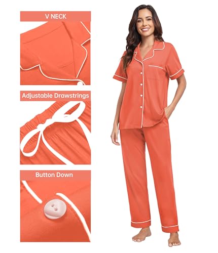 Image of CF Womens 100% Cotton Pajamas Set Button Down Pjs Sets Short Sleeve Top & Long Pants Sleepwear Comfy Loungewear with Pockets